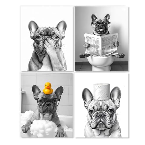 LUKIPOM Funny French Bulldog Bathroom Wall Art Prints 8x10 Set of 4, French Bulldog Decor, Funny Frenchie Dog Wall Art Posters for Bathroom Washroom Restroom Decor, Unframed