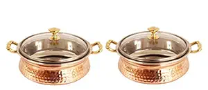 INDIAN ART VILLA IndianArtVilla Set of 2 Steel Copper Tuffen Casserole with Glass Lid 700 ML Each - Serving Dishes Home Hotel Restaurant Tableware Dishware