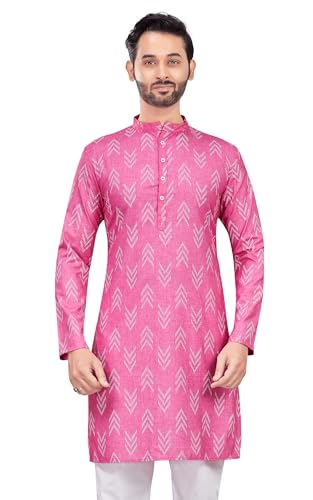 Image of Studio Shringaar Men's Cotton Blend Relaxed Fit Ikat Printed Knee Length Kurta