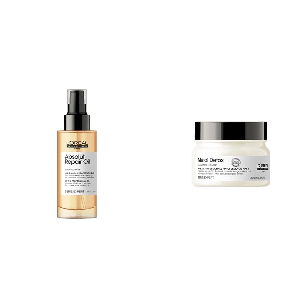 L'Oréal Professionnel Paris | Maschera Ristrutturante per Tutti i tipi di Capelli Danneggiati&Setosa, Senza Solfati, Metal Detox, 250 ml & Olio 10 in 1 multiuso per capelli secchi e danneggiati