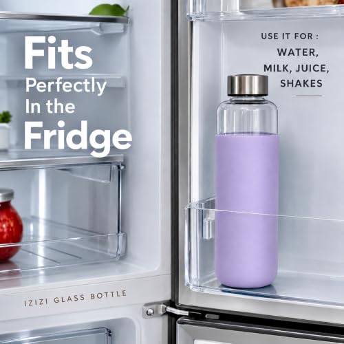 Image of Borosilicate glass water bottle with protective silicone sleeve, 1 Litre Glass bottle with sleeve, Steel Cap, BPA Free For home and office. (Lavender)