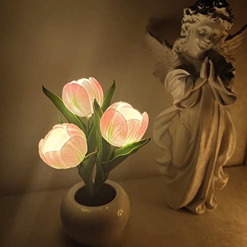 EONANT Lampada da tavolo Tulip, lampada da notte a LED artificiale con vaso, lampada da comodino, decorazione ambientale per la famiglia, soggiorno (rosa)