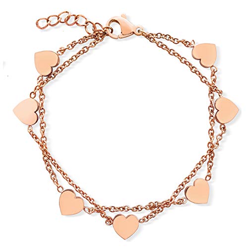 LENIRA® Herz Armband filigranes 7 Herz Armbändchen für Damen aus Edelstahl mit Gold und Roségold überzogen Armkettchen verstellbar 15-20 cm (Roségold) Cover