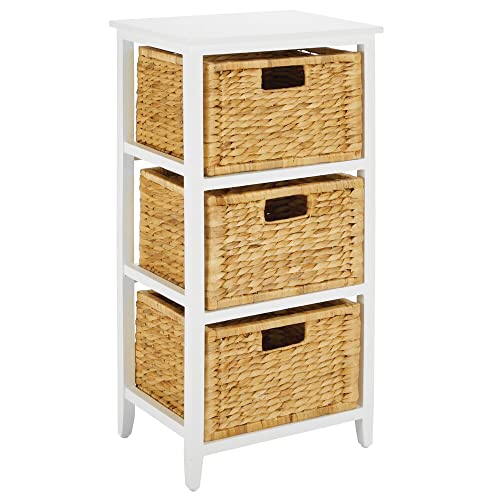 Mdesign Side End Table Storage Nightstand - Sturdy Wood Frame, Water Hyacinth Woven Pull Out Basket Bins - Furniture Unit For Living Room, Bedroom, Hallway, Entryway, 3 Drawer - White/Bamboo #TOP7