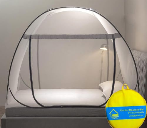 Image of VERDIOZ WITH DEVICE Double Bed Mosquito Net Machardani, King Size Mosquito Net Adult | Kids | Baby | Corrosion Free Steel Wire, 30 GSM Bright White Net with Saviour Kit -(Grey Zipper, Grey Border)