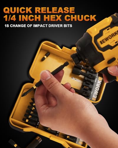 EWORK Impact Driver 21V Brushless Cordless Impact Driver Set, 4-Speed, 2300 In-lbs, Compact 1/4 Impact Driver Kit with 2.0Ah Battery, Fast Charger, Screwdriver Bit Set, Bit Holder, Belt Clip, Tool Bag - Thumbnail 7