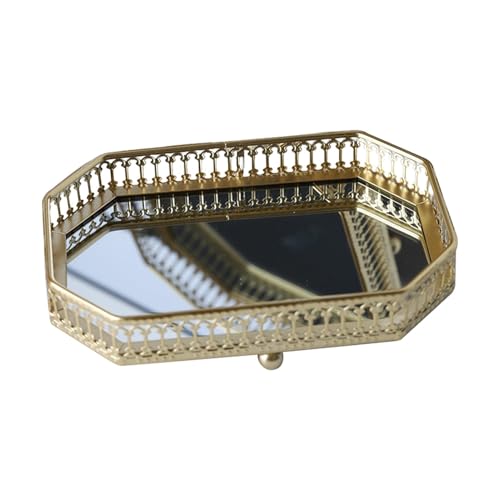 Bandeja de perfume de oro - compartimento de tocador con espejo, bandeja de exhibición de joyas | Armario de cama ahuecado bandeja decorativa, organizador de encimera para una mesa de café c
