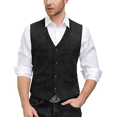 PJ PAUL JONES Herren Wildleder Leder Weste Casual V-Ausschnitt Einreihig Slim Fit Western Cowboy Weste Cover