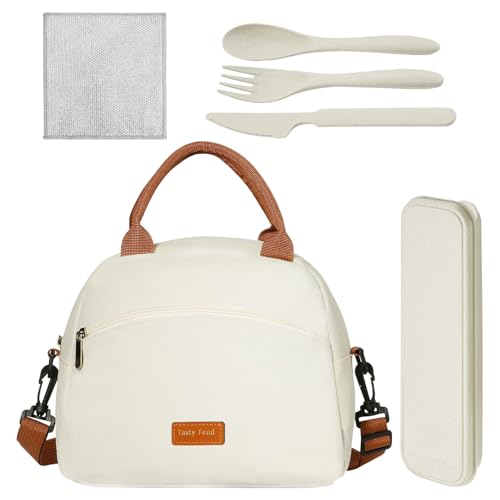 ZBHDEYG 1 sac à déjeuner pour femme, 1 ensemble d'ustensiles, 1 chiffon, sac à déjeuner isotherme pour femme, sac à déjeuner portable anti-fuite, sac à déjeuner de travail féminin
