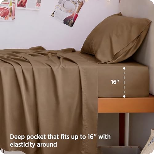Image of Bedsure Cooling Sheets Twin XL, Rayon Derived from Bamboo, PureWoven, Breathable & Soft Twin XL Sheet Sets, Deep Pocket Up to 16 Inches, Hotel Luxury Silky Dorm Bedding for Hot Sleepers, Coffee