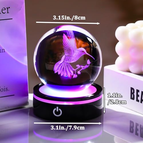 Figura Decorativa Bola de Cristal Colibrí 3D con Base LED miniatura 3