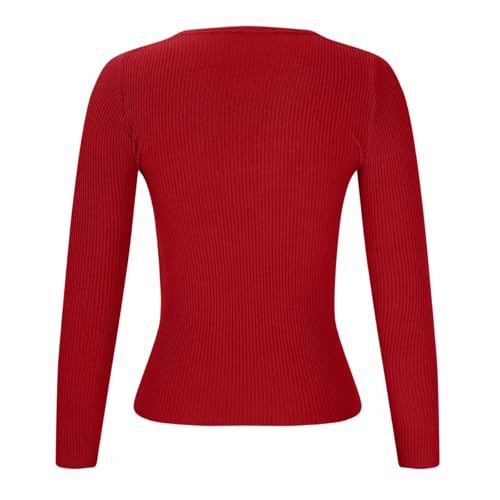 Jersey Mujer Otoño Algodon Camiseta Manga Larga Mujer Elegante Basicas Sueter Cuello V Tallas Grandes Termica Blusa Camiseta Interior Otoño Primavera Casual Top Sudadera(Rojo,S)