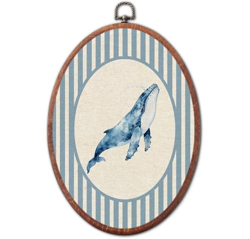 Image of Vintage Whale Nursery Oval Wall Art Framed, Blue Striped Sea Creatures Framed Canvas Prints, Unique Retro Boy or Girl Gift Hanging Wall Decor for Kids Toddler Room Bedroom Playroom, 8.6x11.4 Inch