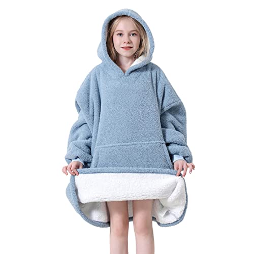 Festicorp Oversized Cozy Blanket Hoodie For Kids - Ultra Soft And Warm Sherpa Wearable Sweatshirt Blankets, Double Layer Blanket Sweater With Giant Sleeves, Hood And Pocket For Gifts, Light Blue #TOP9