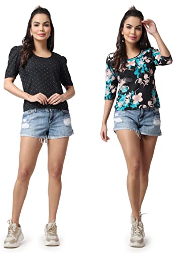 Image of POPWINGS Casual Floral Printed Round-Neck Puff-Sleeves Tops Combo for Women