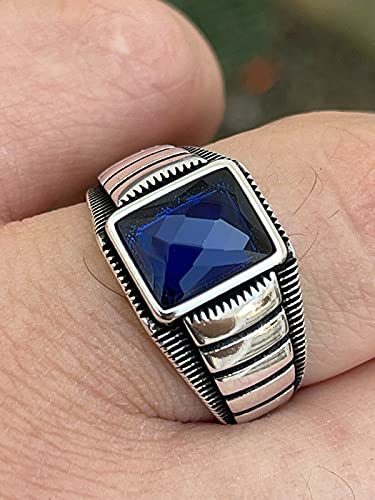 HarlemBling Solid 925 Sterling Silver - Men's Blue Sapphire Gemstone Ring - Great As Pinky Ring Or Signet Ring Sizes 6-132
