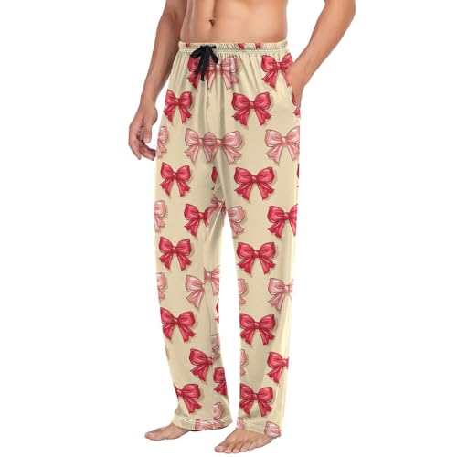 Men's Red Pink Bow Pajama Pants with Elastic Waistband | Soft Lounge Sleepwear | Breathable Sleep Pants for Home（502）4