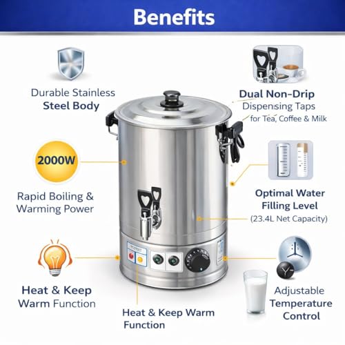 Image of 2000W Electric Water Boiler with 30L Gross 23.4L Net Heating Capacity | Stainless Steel Commercial Heating Machine for Hotel, Restaurant, & Canteens | Tea Coffee Milk Dispenser