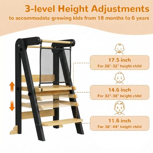 Image of ROOMTEC Foldable Toddler Kitchen Tower, 3 Adjustable Height Wooden Step Stool, Toddler Standing Tower with Safety Net (Black)