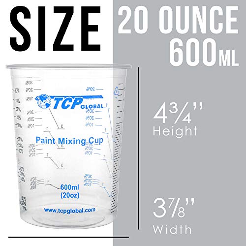 TCP Global 20 Ounce (600ml) Disposable Flexible Clear Graduated Plastic Mixing Cups - Box of 25 Cups & 25 Mixing Sticks - Use for Paint, Resin, Epoxy, Art, Kitchen - Measuring Ratios 2-1, 3-1, 4-1, ML