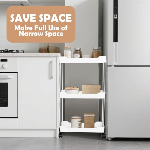 3 Tier Slim Storage Trolley Slide Out Rolling Utility Shelf Rack Storage Cart on Wheels Mobile Shelving Space Organizer with Hook for Small Narrow Spaces Kitchen/Bathroom/Laundry Room/Office,Plastic - Image 3