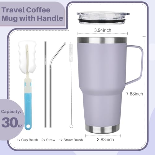 Image of 30 oz Tumbler with Handle, Stainless Steel Insulated Tumbler with Lid and Straw, Double Wall Vacuum Insulated Coffee Mug Tumbler, Insulated Coffee Thermal Cup for Cold and Hot (Light Purple)