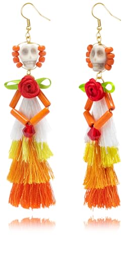 Artlunar Halloween Earring for Women Funny Skeleton Rose Handmade Tassel Earrings Party Festival Jewelry Gift Fashion Accessories (Orange)