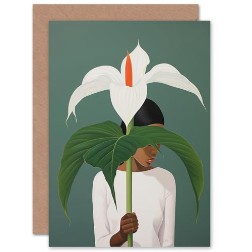 Artery8 Giant Peace Lily Woman With Flower Minimalist Custom Greeting Card Personalised Message Inside for Wife Her Mum Sister Daughter Mom Gran Nan Birthday Thinking of You Get Well Soon