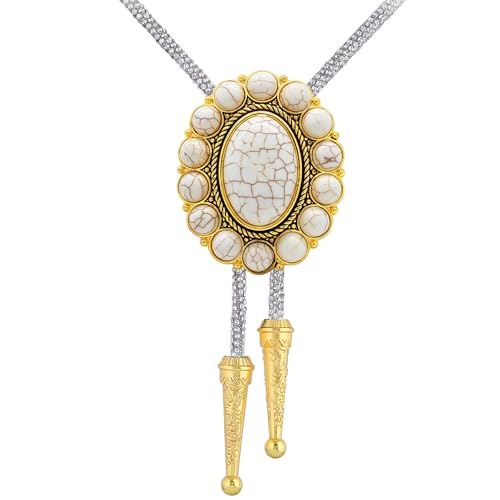 Image of GelConnie Bolo Tie for Men Women Western Cowboy Turquoise Leather Necktie | Natural Stone Bolo Tie Necklace for Women Rodeo Cowboy Leather Necktie Native American Western Cowgirl Ties Adjustable Cord