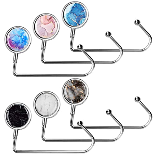Image of AUHOKY 6Pcs Portable Purse Hook Handbag Hanger for Table, Fashionable Long Handbag Bag Holder Under Counter, Christmas Stocking Holders Mantel Hooks for Women Girls Bags Storage(6 Marble Patterns)