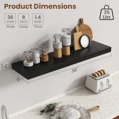 Image of 36 Inch Floating Shelves for Wall, 8 Inch Deep Floating Shelf for Storage & Display, Rustic Wall Mounted Shelf with Invisible Brackets for Living Room, Kitchen, Bathroom, Home Decor, Set of 2, Black