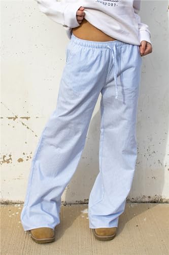 Miqil Women Y2K Striped Pants Loose Wide Leg Pinstripe Print Pants Casual High Waist Drawstring Lounge Pants Streetwear2