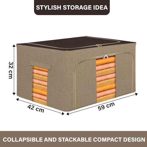 Image of Heart Home Pack of 8 Clothes Storage Box | 88 Liter Foldable Steel Frame Clothes Organizer | Storage Box For Wardrobe-Saree-Shirts And Blankets | Underbed Storage Bag | Brown