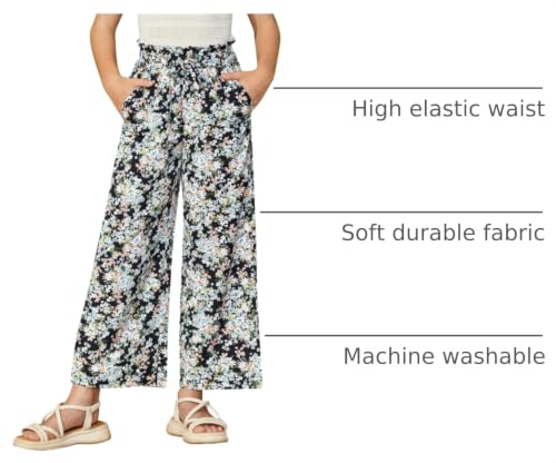 Image of Girls Summer Floral Wide Leg Pants High Waisted Flowy Dress Trousers with Pockets for School Lounge Beach 5-14 Years