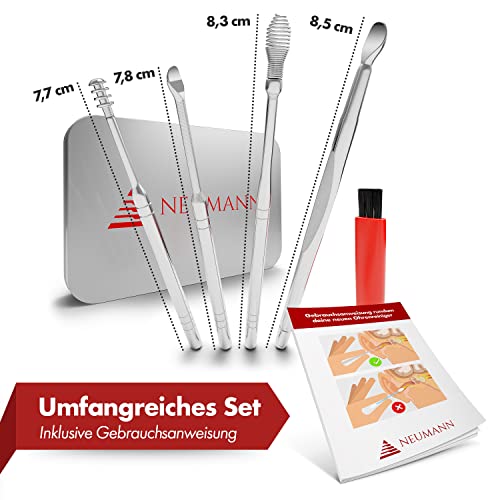NEUMANN® Wiederverwendbares Ohrenreinigungs-Set - rostfreier Edelstahl - Handliche Aufbewahrungsbox (Schlinge, Spirale & Löffelform) Premium Ohrenschmalz-Entferner für Erwachsene [Silber Edelstahl]