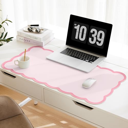 Scalloped Desk Mat, 31.5' x 15.7' Large Cute Aesthetic Desk Accessories, PU Leather Computer Laptop Desk Mouse Keyboard Pad, Desk Writing Mat for Vanity/Work/Home Decor (Pink, 31.5' x 15.7')