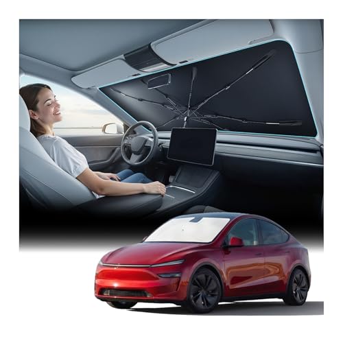 Nmoiss Windshield Sun Shade Umbrella for Tesla - [Vinyl Coating Heat Shield] Protect Car from Sun Rays & Heat Damage Keep Cool and Protect Interior Spring Structure Edge