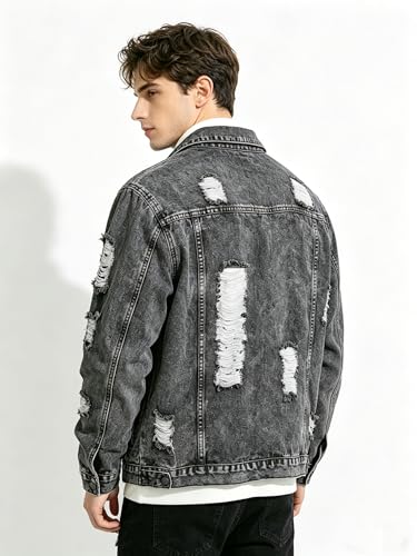 Image of Men's Denim Jacket Patchwork Fringe Jacket Slim Jean Jacket Streetwear Coat