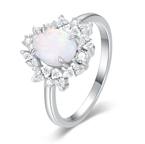 S925 Sterling Silver 1.5 Carat Oval Opal Ring Dainty October Birthstone with Cubic Zirconia Ring Anniversary Birthday Mother's Day Gift for Women Wife