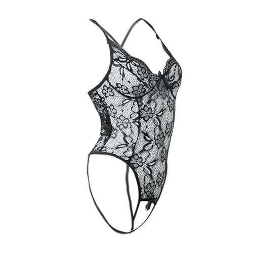 Ropa de dormir sexy Body Mujer Lencería Encaje Negligee Lencería Traviesa Cuello en V Teddy Body Lencería Abierta Ropa de Dormir Lazos, Negro , L