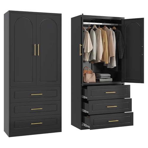 Metal Armoire Wardrobe Closet with Drawer,71Inch Black Clothing Storage Cabinets with Hanging Rod, for Bedroom Home Office Black 71"H-Arc-3 Drawer