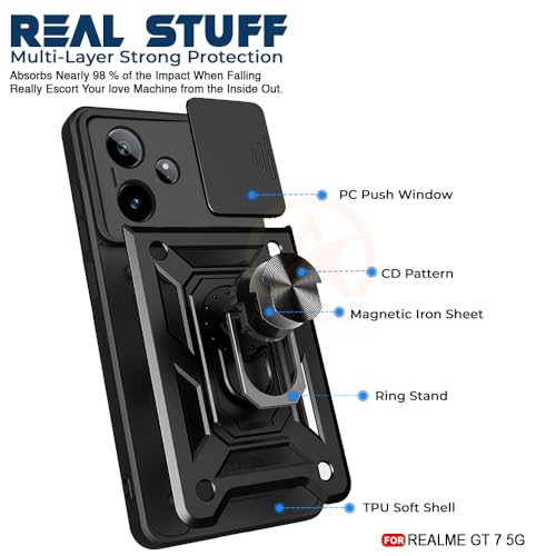 Image of Armor Bumper Back Cover Case for Realme GT 7 5G / Realme GT 7T 5G / GT 7 Dream Edition Rotating Camera Cover, Ring Holder & Kickstand | Heavy Duty & 360 Degree Protection Back Cover (Black)