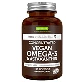 Omega 3 Vegano, Aceite de Algas & Astaxantina, 1344 mg Omega 3 Certificado, 180 Cápsulas Blandas, (DHA 400 mg + EPA 600 mg), Ingredientes Puros, Softgels fáciles de tragar, de Igennus