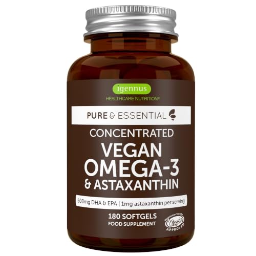 Omega 3 Vegano, Aceite de Algas & Astaxantina, 1344 mg Omega 3 Certificado, 180 Cápsulas Blandas, (DHA 400 mg + EPA 600 