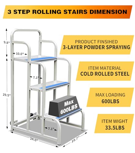 Image of 3 Step Stairs with Wheels, Industrial & Warehouse 3-Step Rolling Stairs, Non-Slip Rolling Steps with Stair Edge Protector, Easy to Move Rolling Steps with Wheels(19.7W x29.5H, 600LBs Loading).
