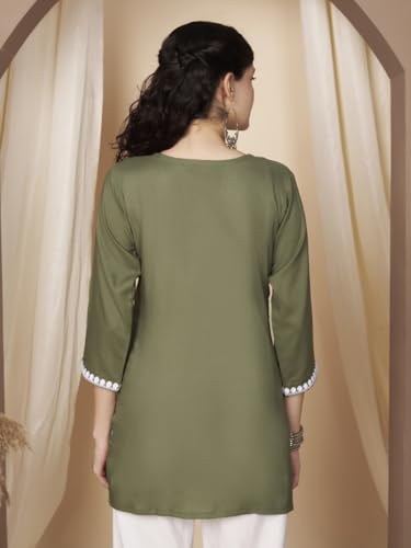 Image of Short Kurti for Women for Jeans, Chikankari Kurtis for Ladies, Lakhnavi V- Neck Women's Tunic Design Kurta, Floral Kurtas & Tunics for Woman