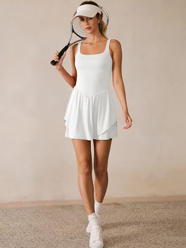 Image of Caracilia Women Tennis Golf Dress with Pocket | Square Neck 2 Layers Hem, Built in Shorts and Bra, Workout Athletic Active Gym, Summer Clothes