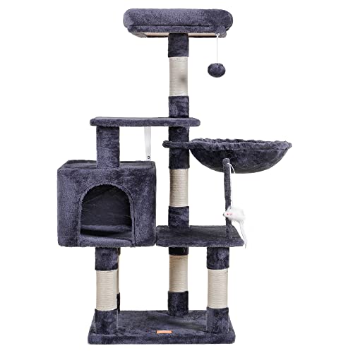 Image of Heybly Cat Tree with Toy, 43.3 inch Cat Tower for Indoor Cats HCT004G | Cat Condo with Durable Sisal Scratching Posts, Cat House with Padded Plush Perch, Cozy Hammock, Smoky Gray