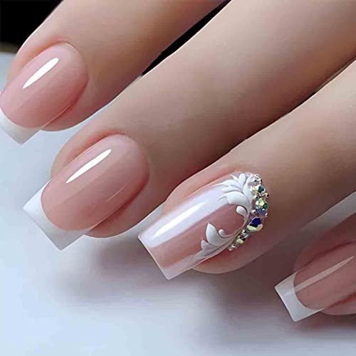 Foccna Pink Press on Nails Medium, Bling White Fake Nails Square Acrylic False Nails,French Artificial Nails for Women and Girls,24 pcs 