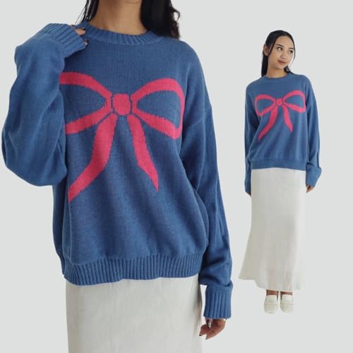 Image of Women Cute Bow Knit Sweater Y2k Long Sleeve Crew Neck Knitted Pullover Top Oversized Going Out Fall Winter Knitwear